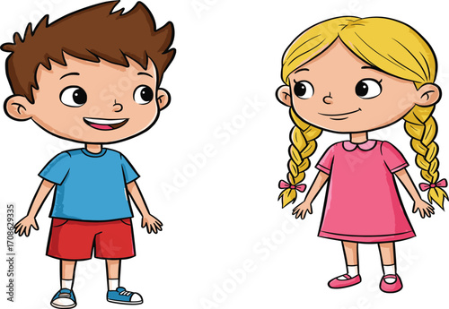Cartoon boy and girl standing, cute children smiling, kids in casual clothes, happy young friends isolated on white background