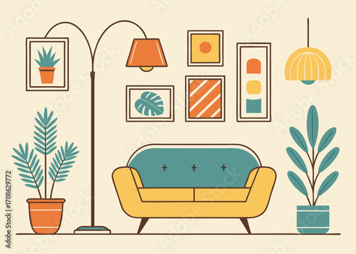 Cozy Living Room Interior with Plants Sofa and Wall Art in Warm Tones illustration
