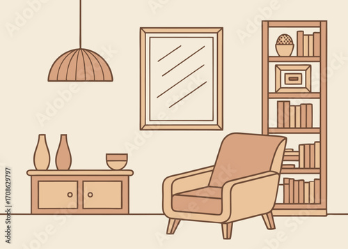 Cozy Living Room Interior with Armchair Bookshelf and Decorative Elements in Neutral Tones