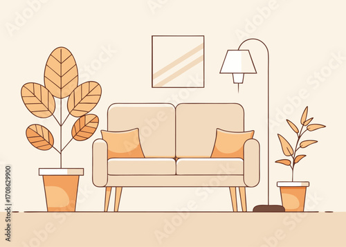 Cozy Living Room Interior with Sofa Plants and Lamp in Minimalist Style illustration