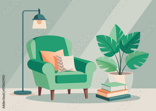Cozy Reading Nook with Armchair Lamp Plant and Books in Neutral Room illustration