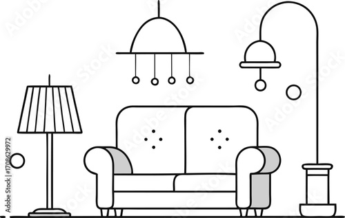 Minimalist Living Room Interior Design with Sofa Lamps and Modern Lighting Fixtures illustration
