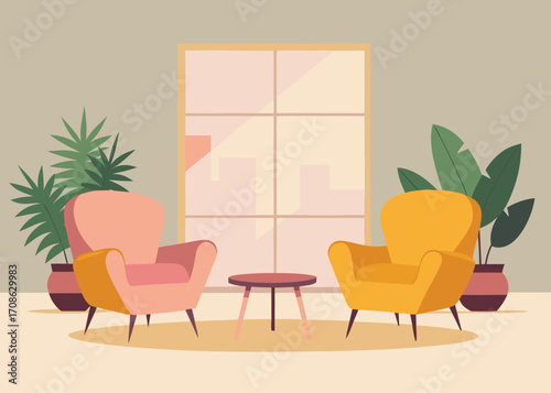 Cozy Living Room Interior with Armchairs Table and Plants Illustration