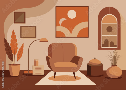 Cozy terracotta living room interior design illustration