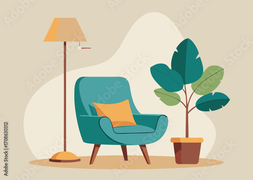 Cozy Teal Armchair with Lamp and Plant in a Modern Living Room illustration