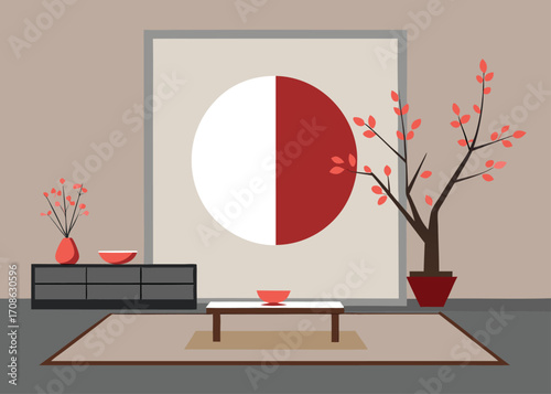 Modern Japanese Style Living Room Interior Design illustration