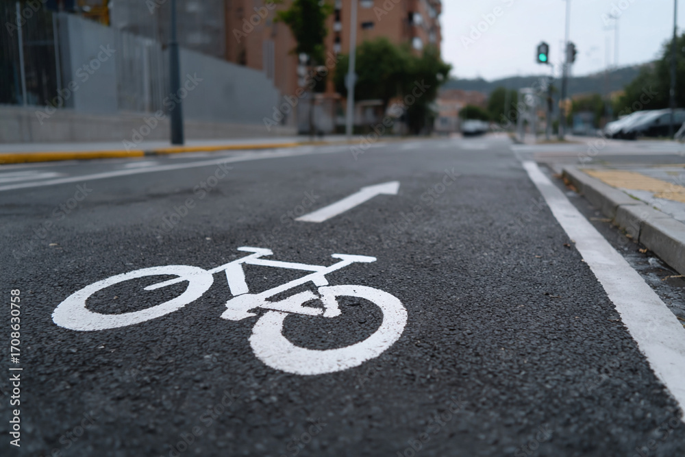 Obraz premium Pictograma de carril bici con flecha blanca pintado en asfalto de calle urbana