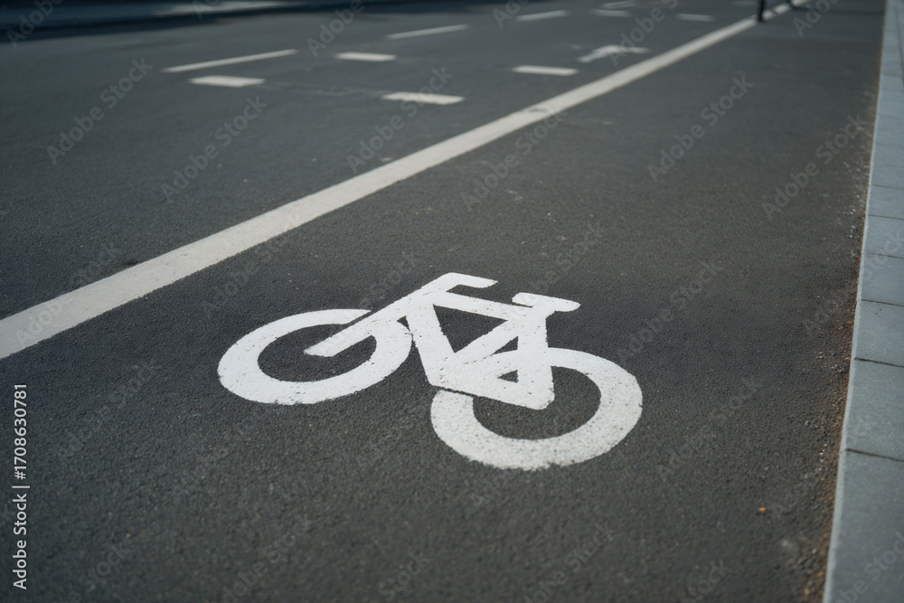 Fototapeta premium Señal de carril bici pintada en el asfalto de una vía urbana con línea blanca lateral