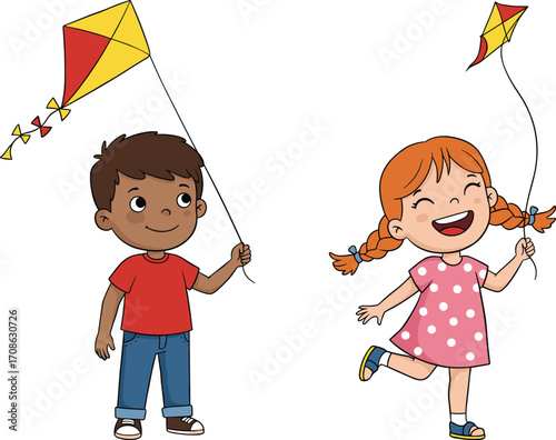 Happy diverse kids flying colorful kites, boy and girl enjoying outdoors, playful children having fun, active childhood moments together