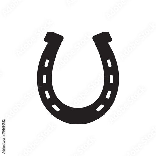 A classic black horseshoe graphic illustration, representing luck and equestrian sports, presented on a white background