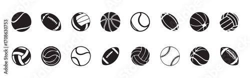 Ball icon set, set of black and white sports ball icons, line and glyph sport ball set, football ball icon, different types of play football icon, vector illustration EPS 10.
