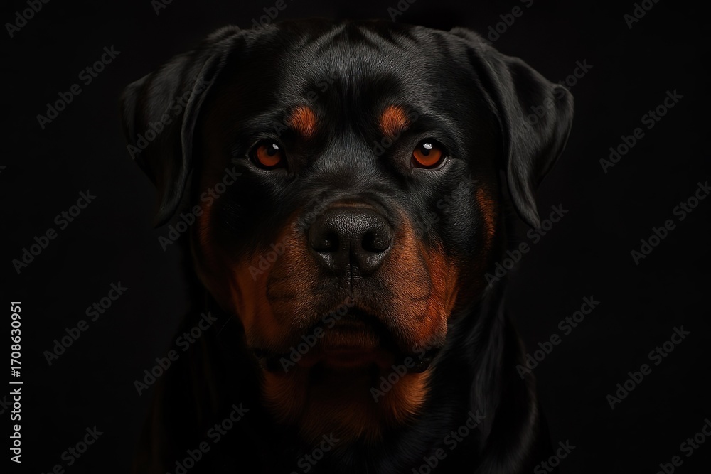Fototapeta premium Rottweiler Dog Portrait on Black Background – Powerful and Loyal Guard Dog Expression