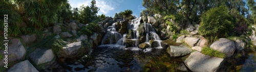 Stunning hdr panoramic view of untamed waterfall in nature scenic landscape high-quality hdri environment