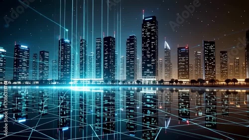 Futuristic city skyline at night with digital data streams and reflections cityscape view