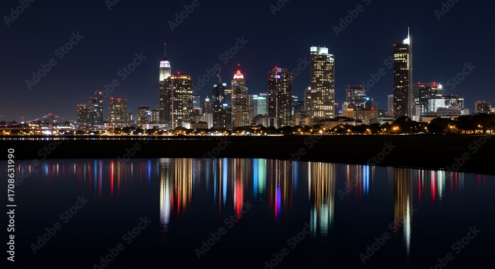 Fototapeta premium Nighttime Skyline Reflection: Cityscape Illuminated Over Calm Waters