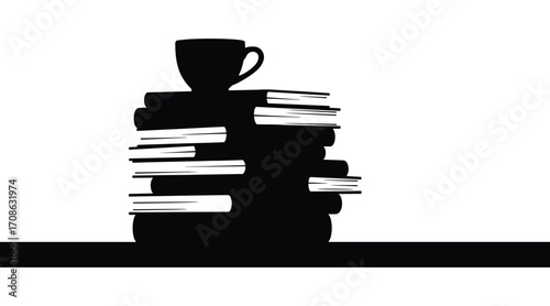 Black silhouette of a stack of books with a coffee cup on top against a white background black and white