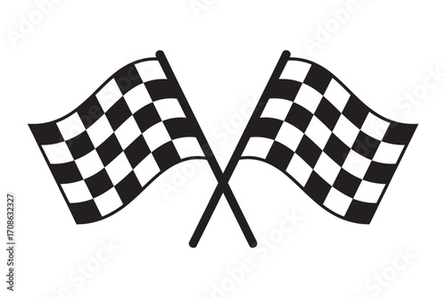 A simple vector illustration of two crossed black and white checkered racing flags. Graphic symbol representing the motorsport finish line, victory, and competition