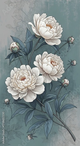 Elegant White Peony Flowers Watercolor Illustration Vintage Floral Design for Wedding Invitations