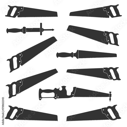Collection of silhouetted vintage hand saws and tools on a white background