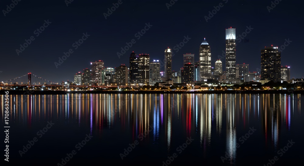 Naklejka premium Night Lights Reflecting on Calm Waters Stunning Louisville Skyline Panorama at Night