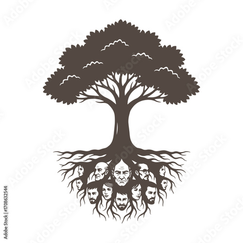 Tree of life with human faces integrated into its roots symbolizing ancestry and connection