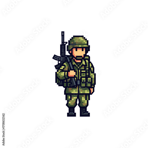 Pixelated army soldier icon logo flat vector design