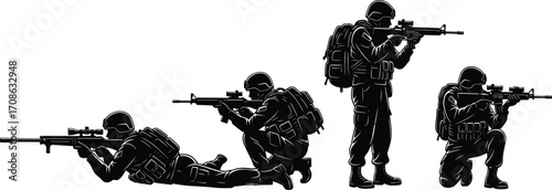 Military soldier silhouettes, tactical positions, rifle combat stances, army training vector, battlefield readiness, helmet gear, crouching, prone, kneeling, standing illustration