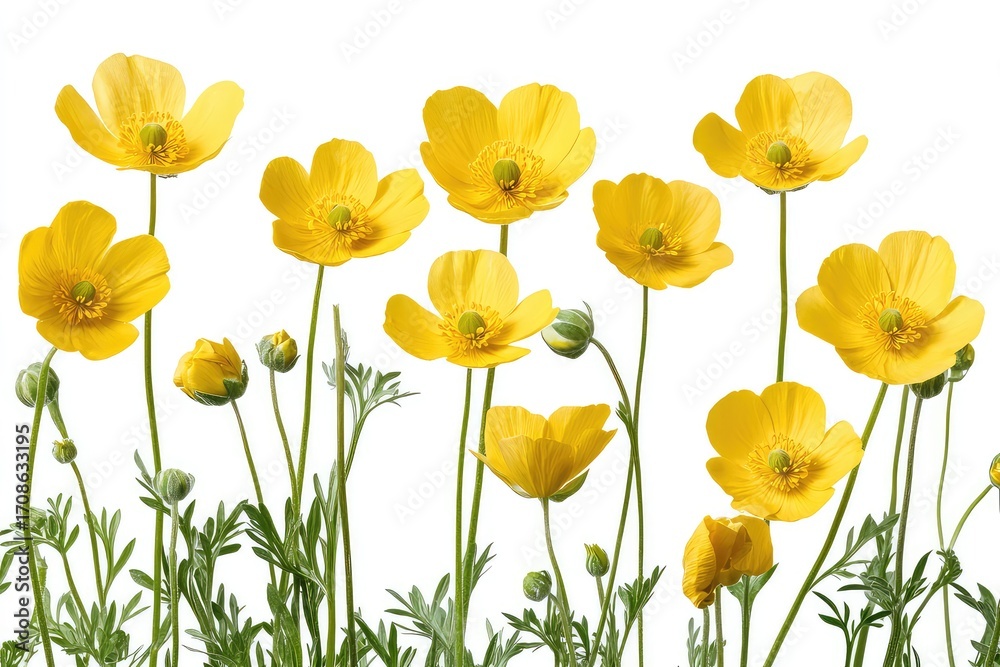 Fototapeta premium Bright yellow buttercup flowers in a meadow, isolated against a transparent background