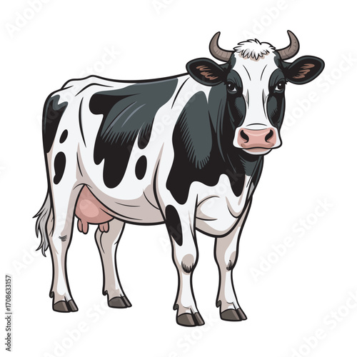 Detailed vector art of a classic black and white dairy cow standing against a clean white background
