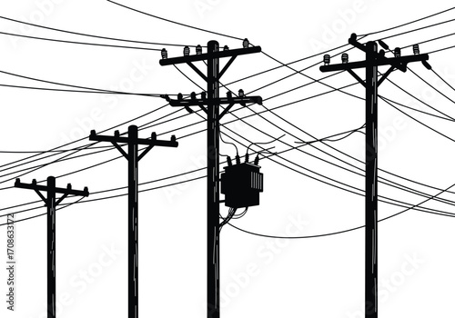 Silhouette of utility poles with multiple power lines, electric poles and transformers, urban infrastructure, electrical grid system, energy distribution network