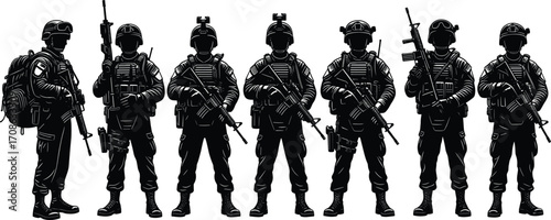 Silhouette of armed soldiers, military squad in formation, tactical gear, rifles, helmets, night vision, combat-ready, special forces, defense, war, security