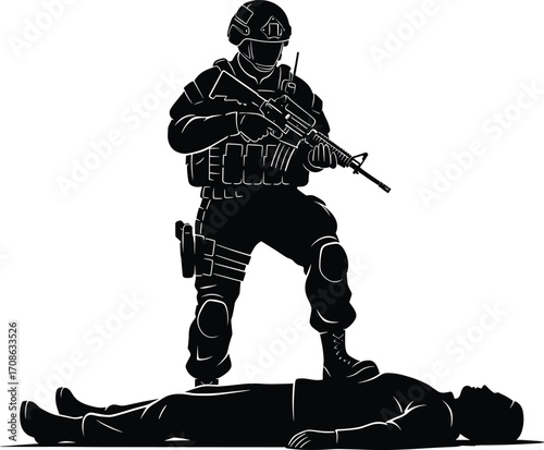 Soldier silhouette, military dominance, war scene vector, combat illustration, battlefield control, armed forces graphic, dramatic pose, tactical gear, black and white art