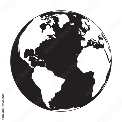 A striking monochrome illustration depicting a simplified global map, highlighting the continents of the world in a bold graphic style, symbolizing connectivity and international reach