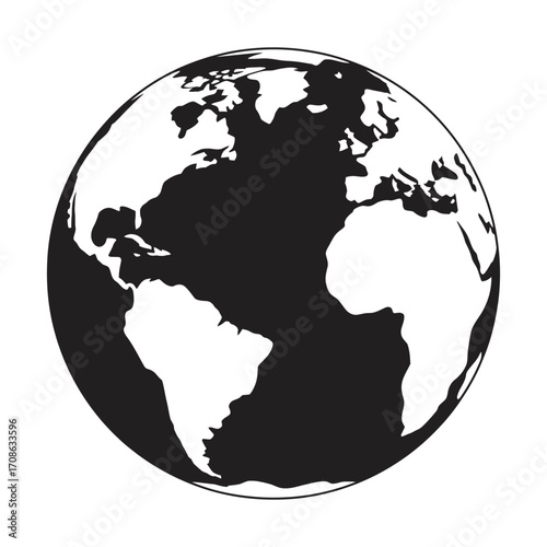 Black and white vector graphic of the Earth globe. Simple planet icon showing Atlantic Ocean view with continents. Minimalist world map illustration