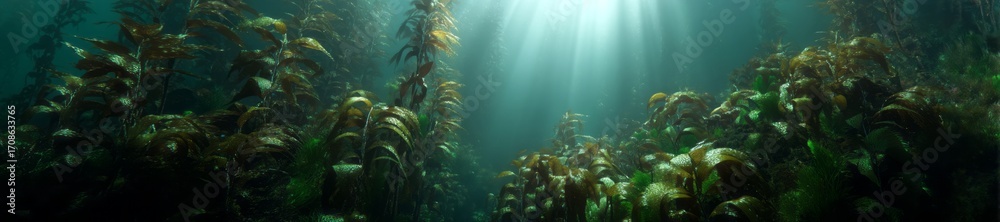 Fototapeta premium Underwater kelp forest adventure ocean depths hdri panoramic image sunlit environment serene viewpoint