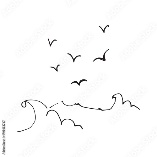 Minimalist doodle illustration of flying birds and ocean waves drawn in one continuous black line. Whimsical sketch style, simple and modern, perfect for trendy designs and decor.