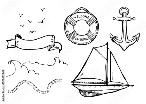 Hand-drawn nautical doodle set in engraving style: ship, waves, anchor, rope, lifebuoy with “welcome on board”, birds and banner. Black and white sketch for vintage marine design
