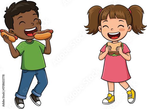 Happy kids enjoying delicious food, boy eating hot dogs, girl eating sandwich, smiling children, fun mealtime, joyful kids eating snacks