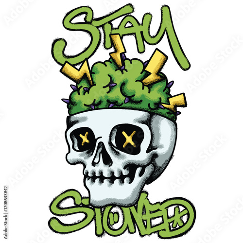 Skull with Green Brain hand drawn tshirt illustration