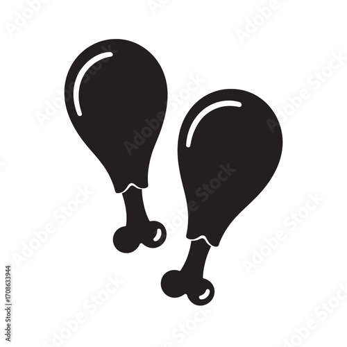 Two chicken leg drumstick icons in a simple black silhouette. Vector graphic symbol for poultry, meat, or restaurant food menu design isolated on a white background