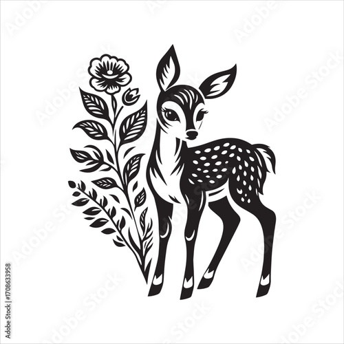 Stylized fawn with flower and leaves silhouette deer
