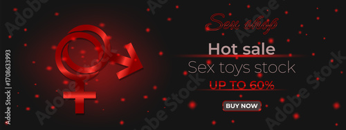 18+ horizontal banner template for sex shop with signs indicating female and male gender in red. Adult shop advertisement.  Poster template, advertisement, website banner, signboard, etc