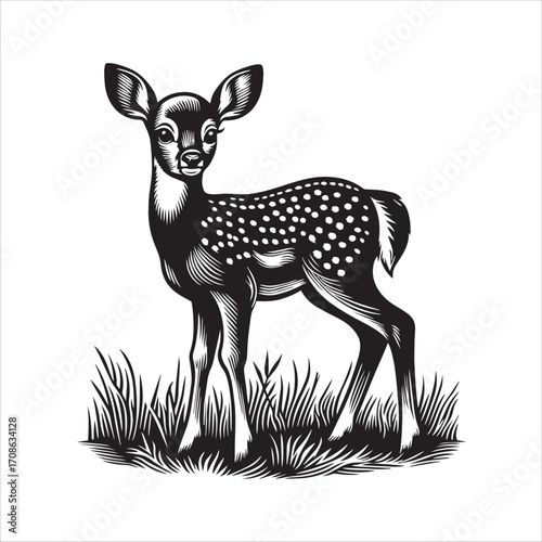 Black and white fawn illustration in grass on white background