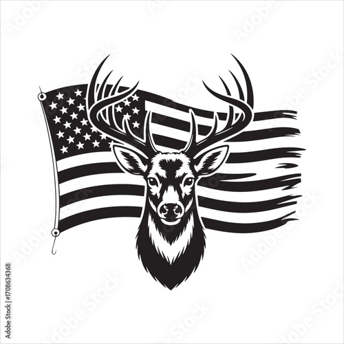 Deer Head Silhouette with Tattered American Flag stag