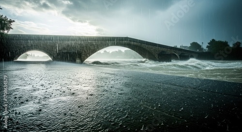 A stone arch bridge stands over a raging river during a torrential downpour, showcasing powerful water and dramatic weather.