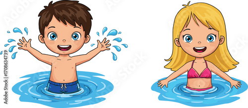 Happy kids swimming in water, cartoon boy and girl playing in pool, summer fun, smiling children enjoying vacation splash