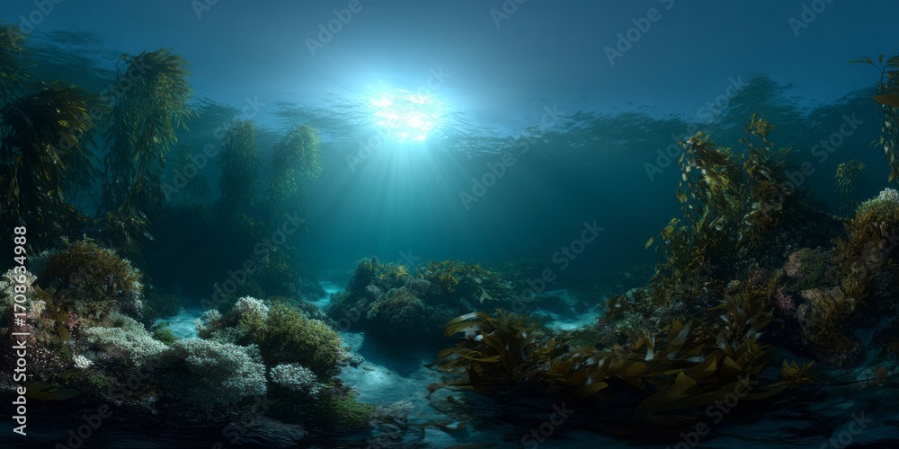 Fototapeta premium Underwater sunrays illuminating kelp forest panoramic hdri scene vibrant marine environment