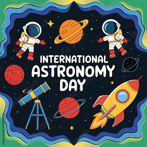 Vector art of international astronomy day illustration featuring astronauts, planets, rocket, and telescope in space