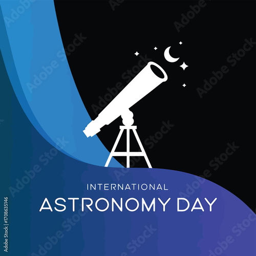 Vector art of international astronomy day concept with a silhouette telescope against a bright blue sky with bokeh lights