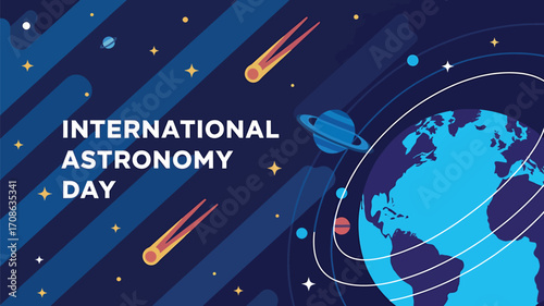 Vector art of international astronomy day event featuring a telescope on a hill under a starry sky with the milky way visible